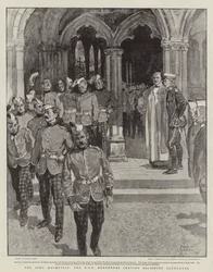 De legeroefeningen, de KOS Borderers verlaten de kathedraal van Salisbury